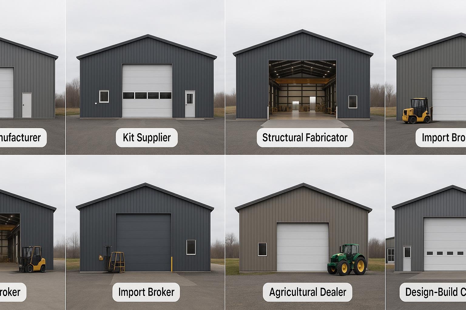 Six types of metal building suppliers in Canada shown as labelled building silhouettes