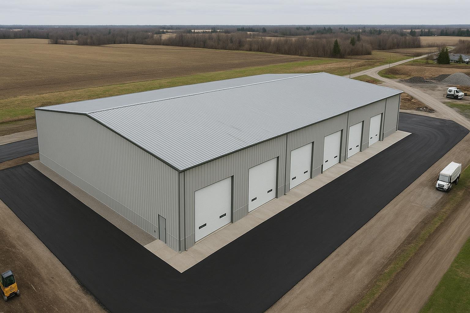 Aerial view of a completed multi-span commercial steel warehouse in Ontario