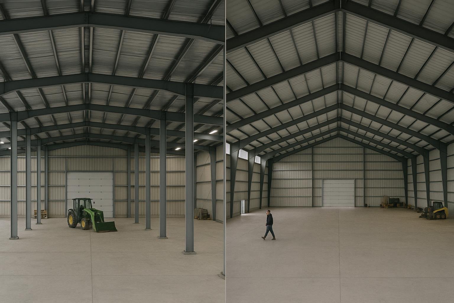 Multi-span warehouse interior with columns beside clear-span interior without columns