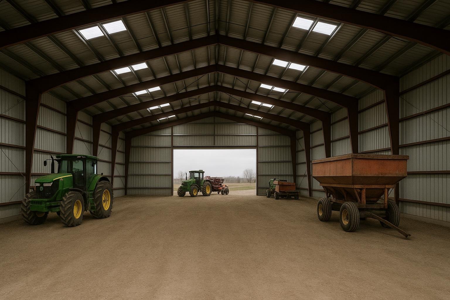 Clear-span interior of a pre-engineered steel farm building with equipment storage and no columns