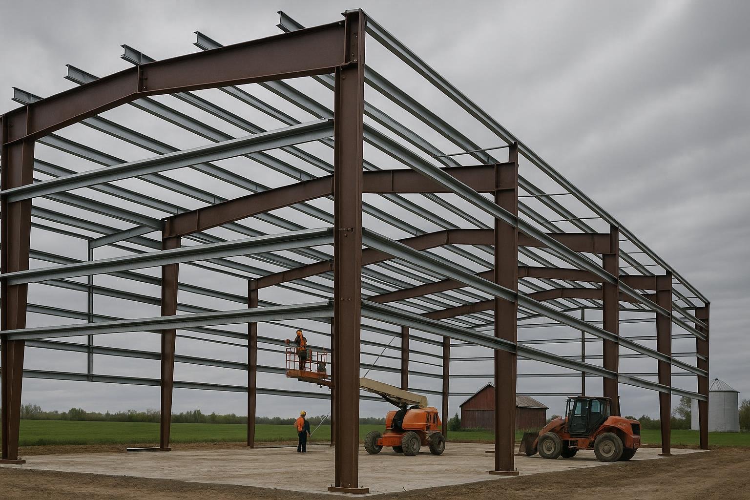 Steel primary frame assembly for a pre-engineered farm building in Canada