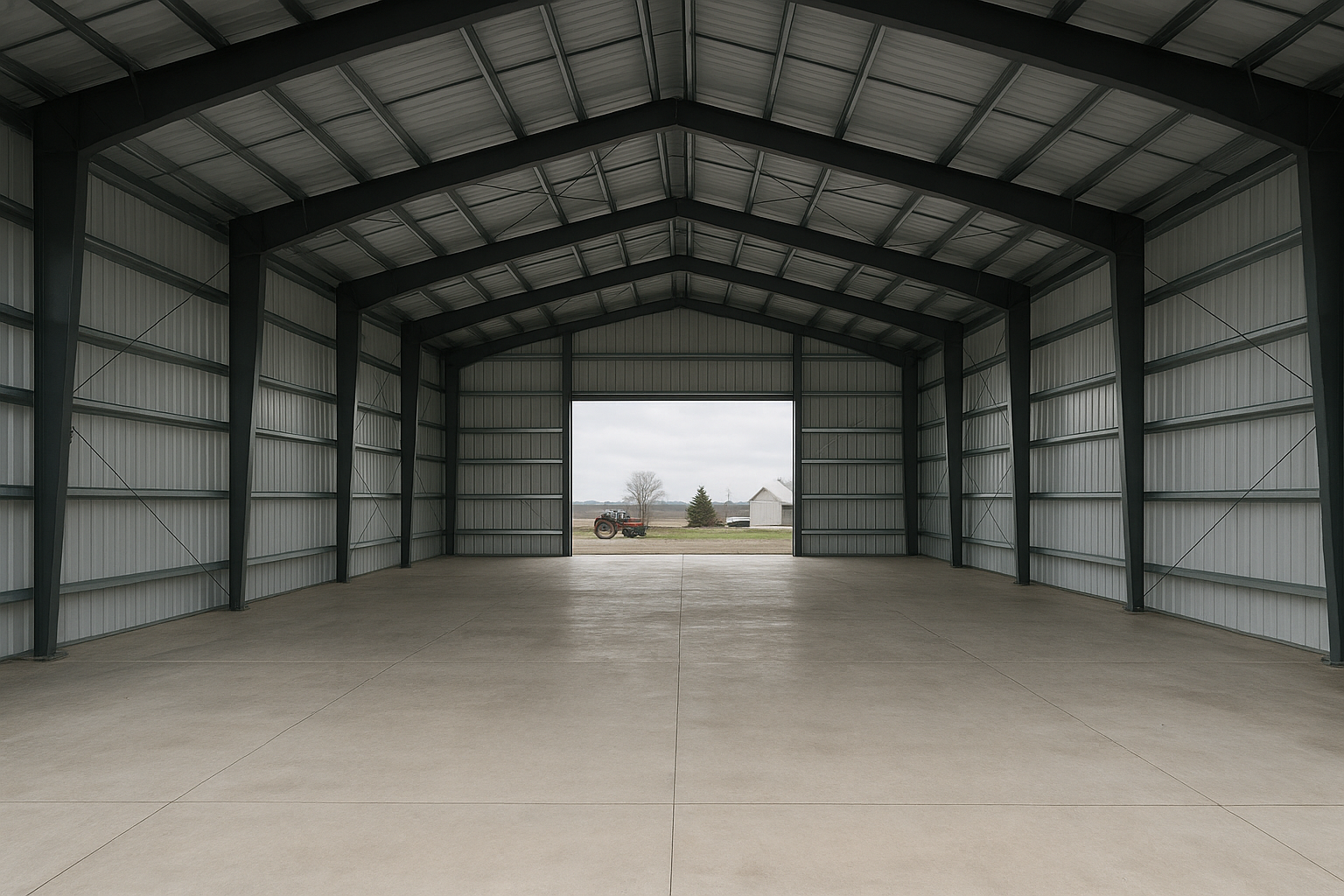 Interior clear-span frame of a pre-engineered steel warehouse showing purlins and girts