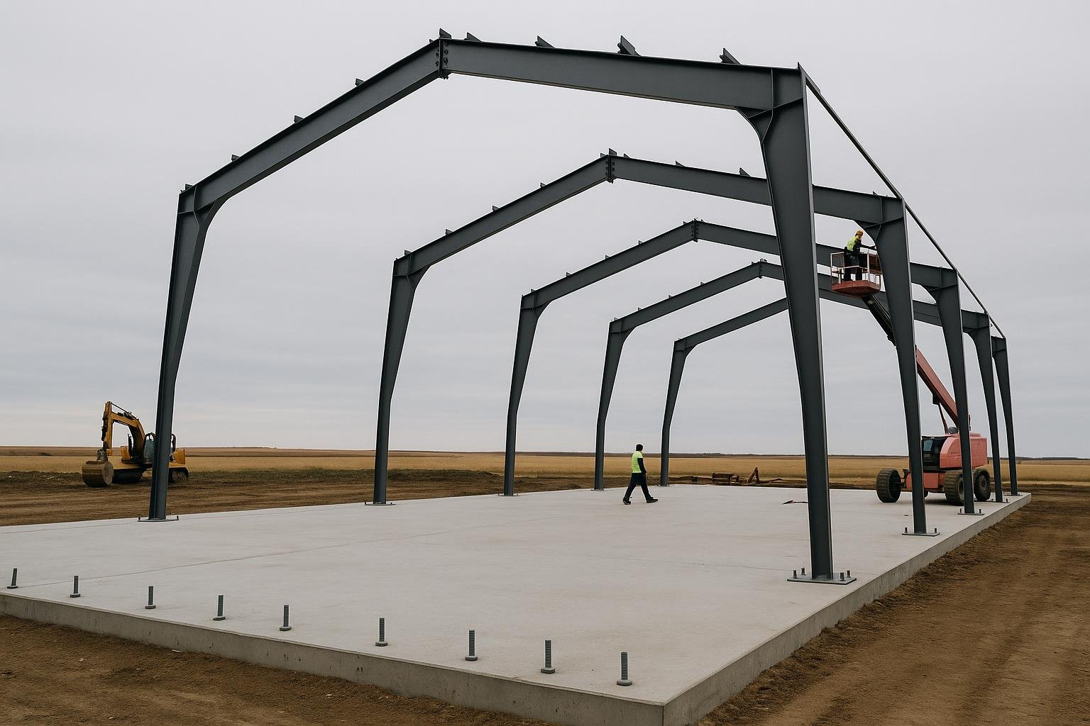 Steel rigid frame columns and rafters being erected on a Canadian building site with anchor bolts visible