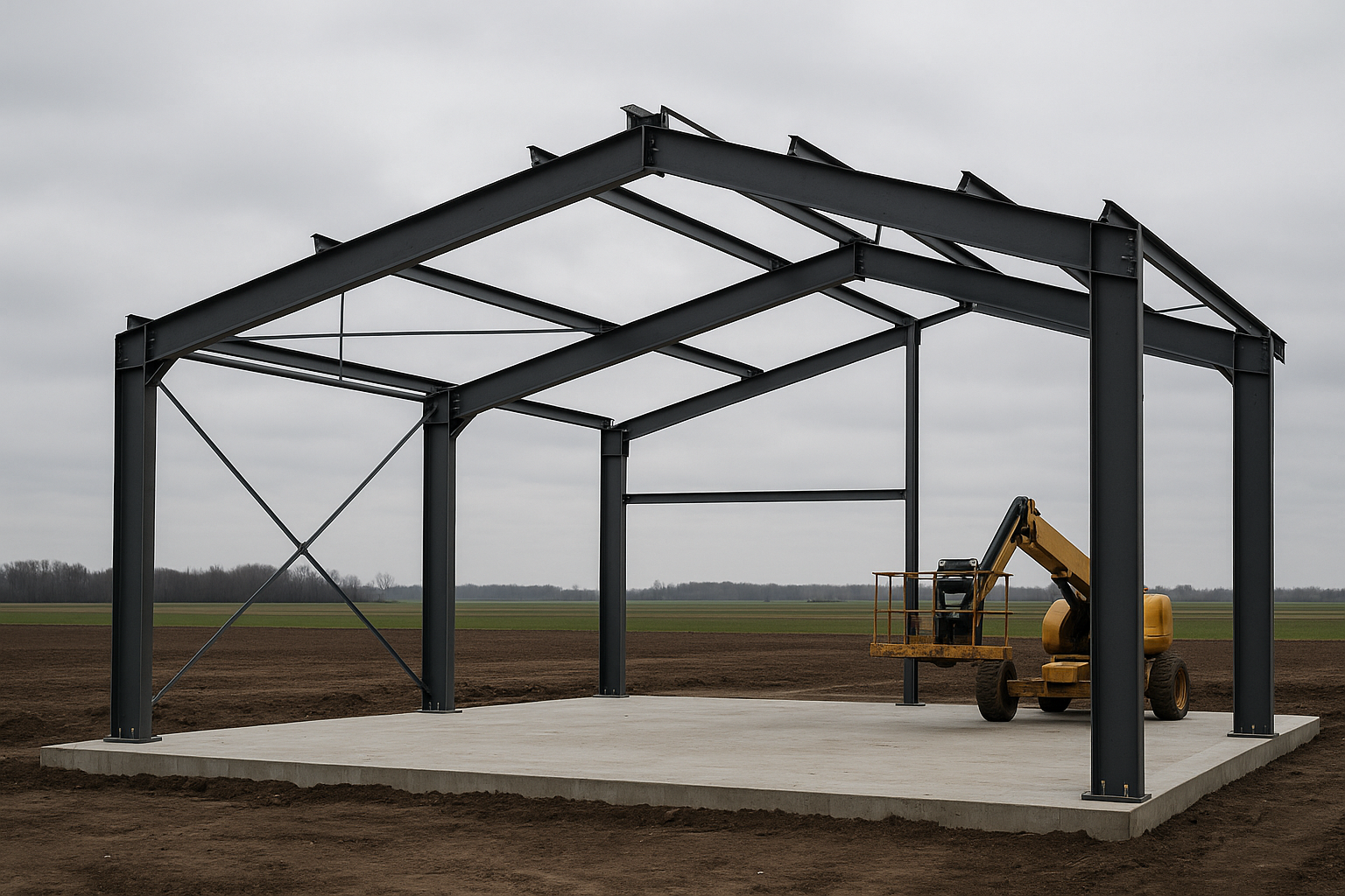 Steel rigid frame primary columns and rafters being assembled on a concrete foundation in Ontario