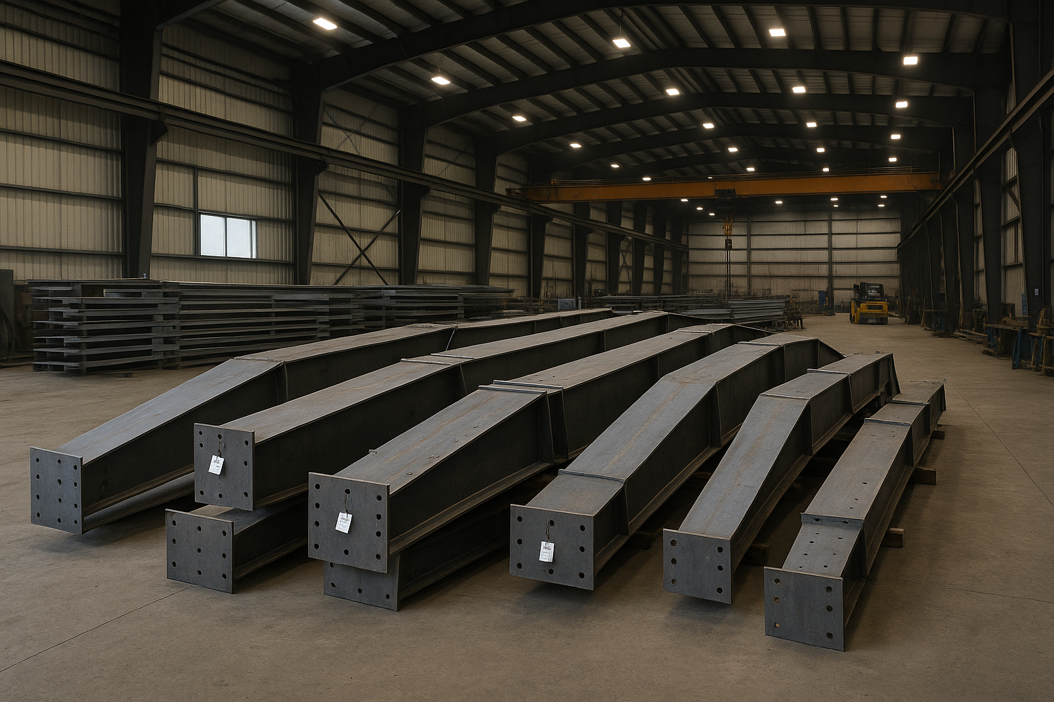 Tapered rigid steel frames for a pre-engineered metal building stacked in a Canadian fabrication facility
