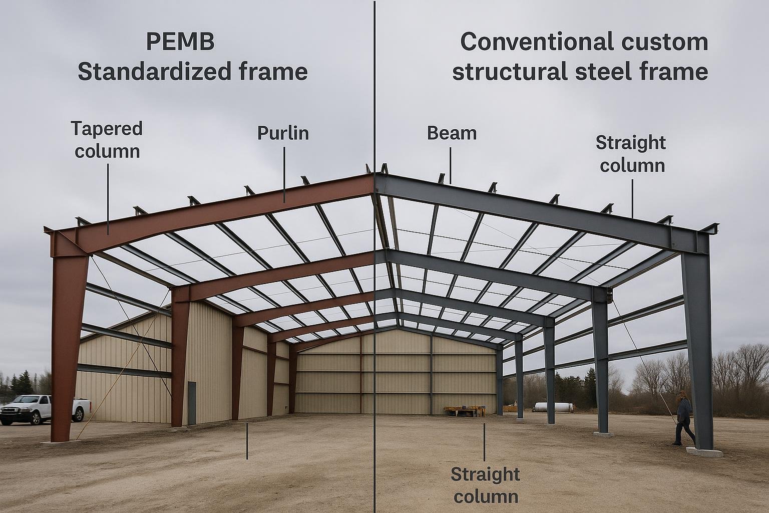 Side-by-side comparison of PEMB and conventional structural steel frames