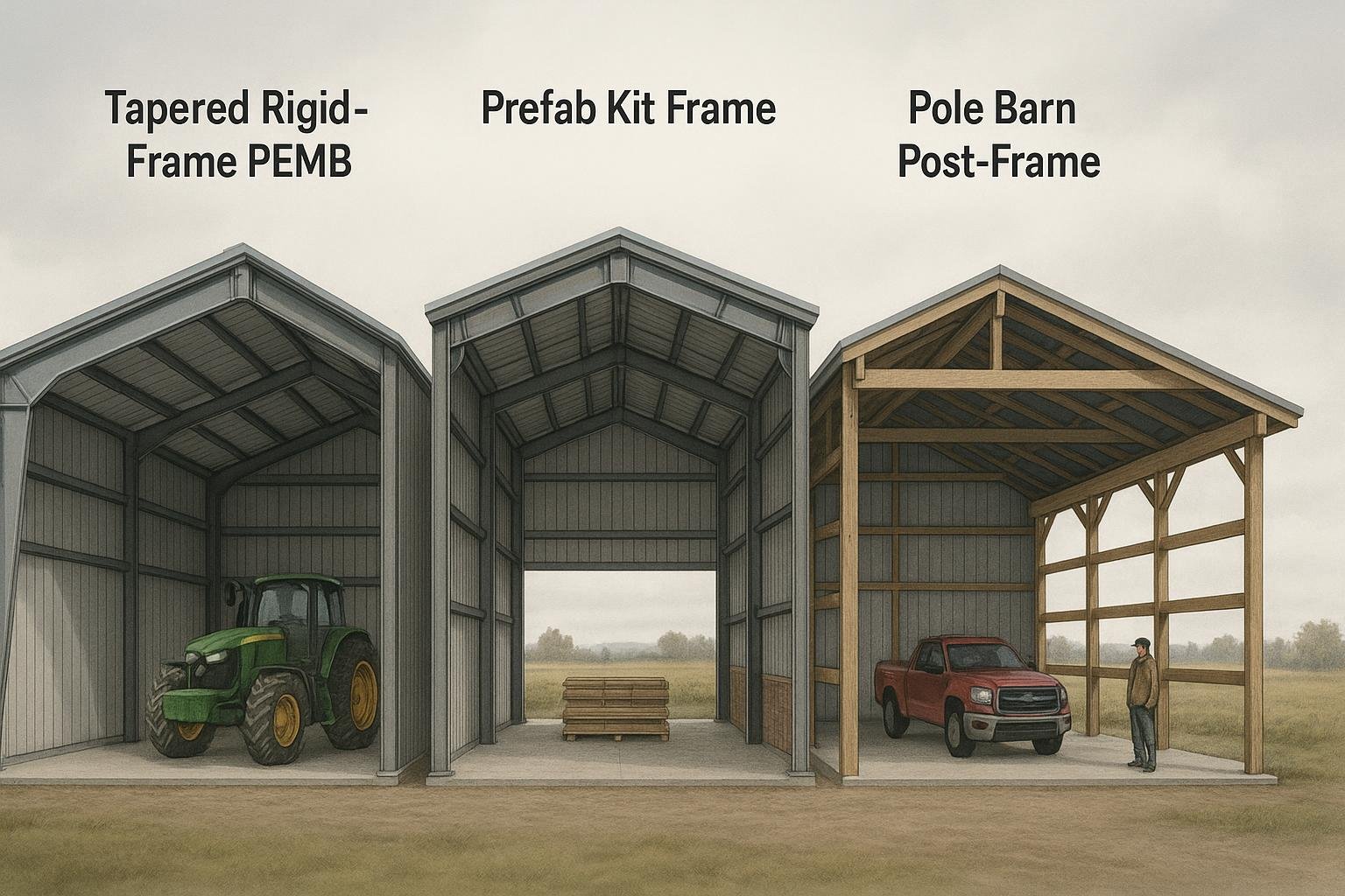 Diagram comparing PEMB rigid frame to prefab kit and pole barn frame cross-sections
