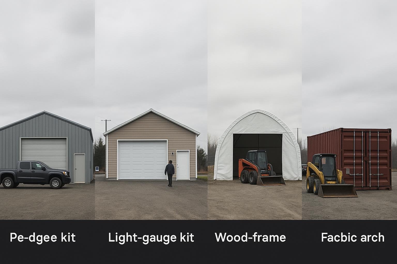 Comparison of five prefab garage structure types side by side