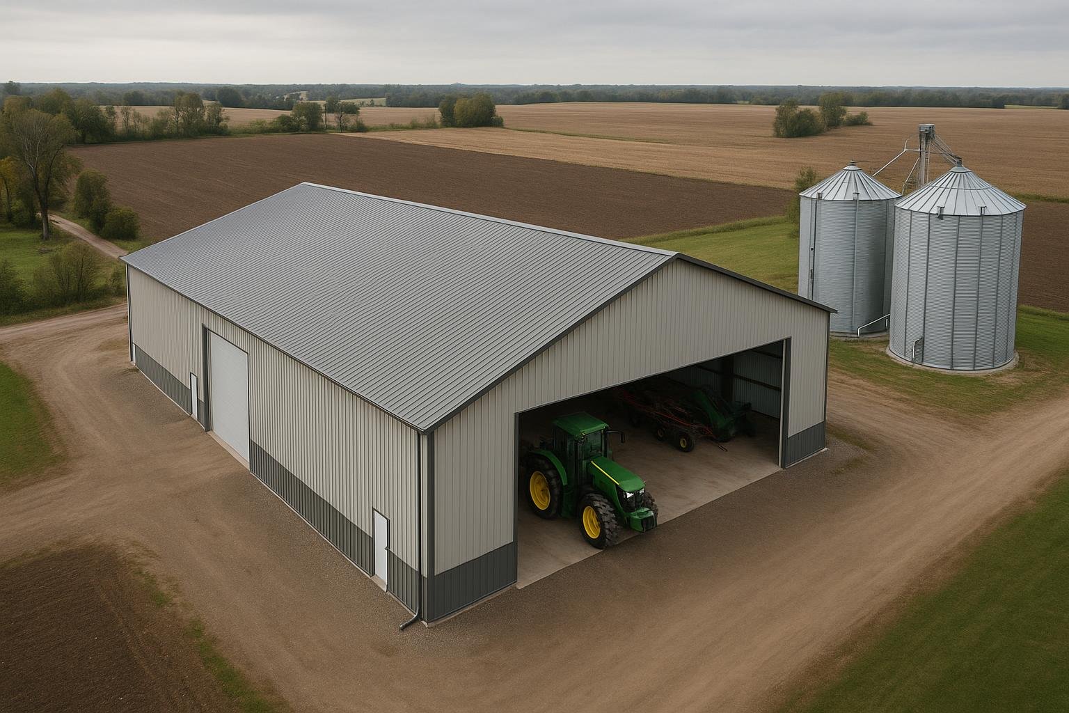 Prefab steel agricultural building on Ontario farm with grain storage
