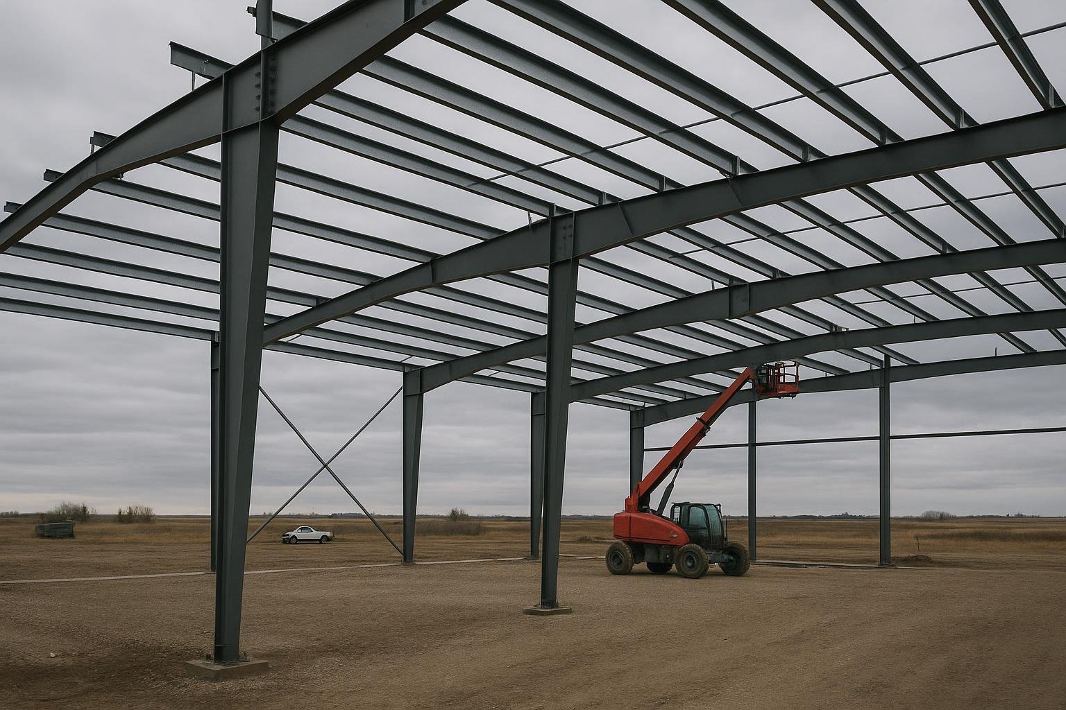 Steel rigid-frame PEMB columns and rafters being assembled on an Alberta construction site