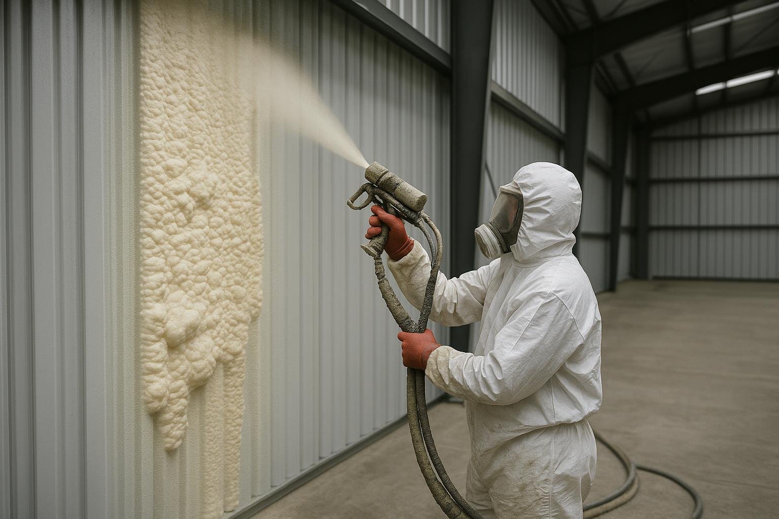 Spray polyurethane foam applied to interior metal panels of a steel building