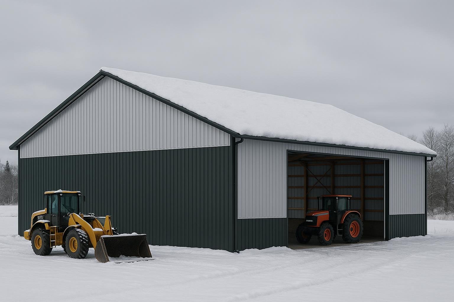 Pre-engineered steel agricultural building in Canadian winter showing snow load on roof