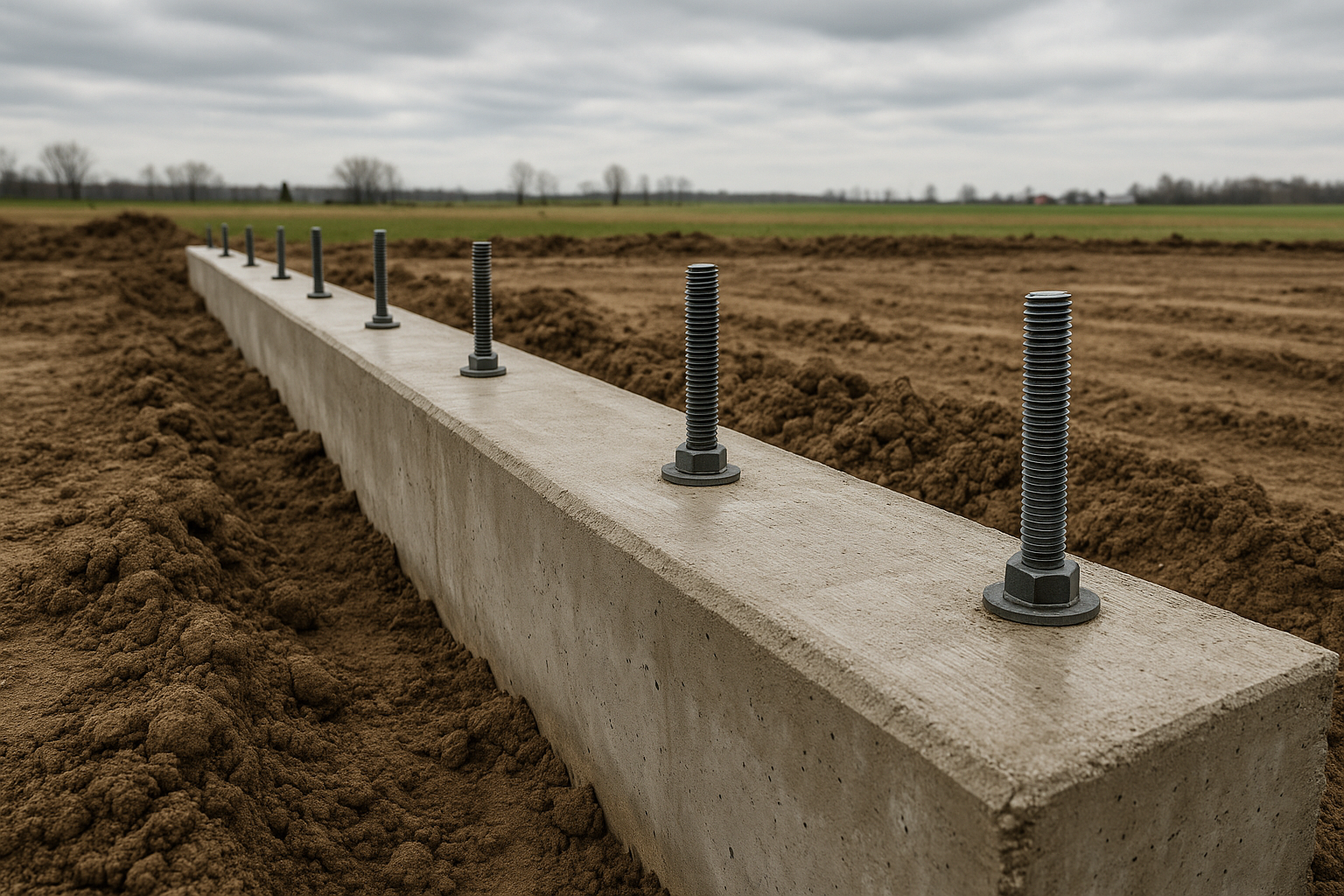 Concrete foundation with anchor bolts set for a steel agricultural building in Ontario