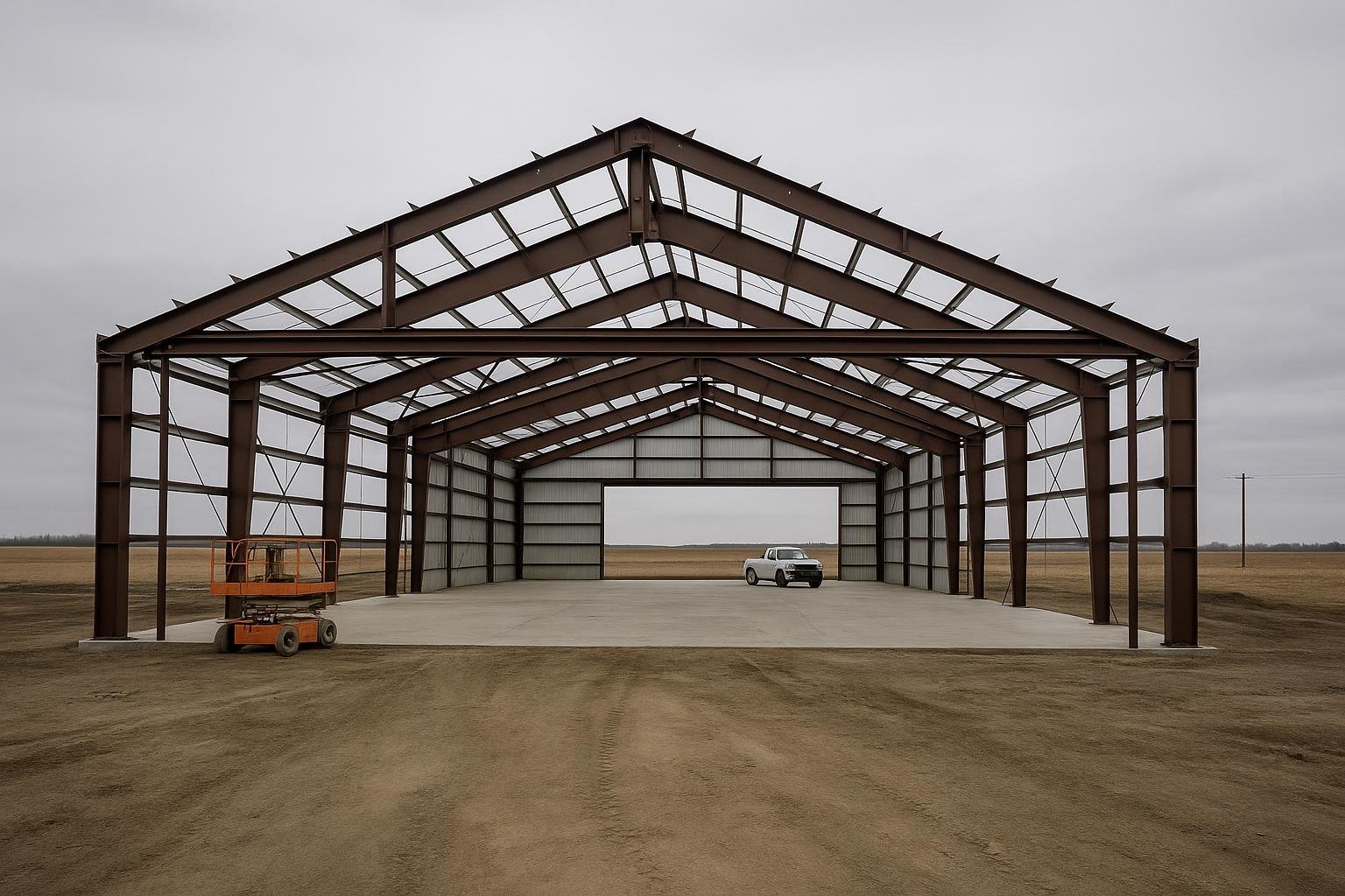 Steel airplane hangar under construction with wide clear-span framing Alberta