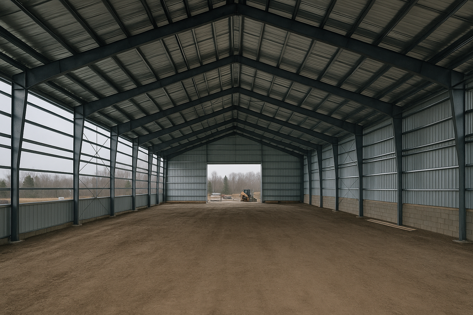 Interior clear-span steel frame of a riding arena showing purlins girts and open floor space