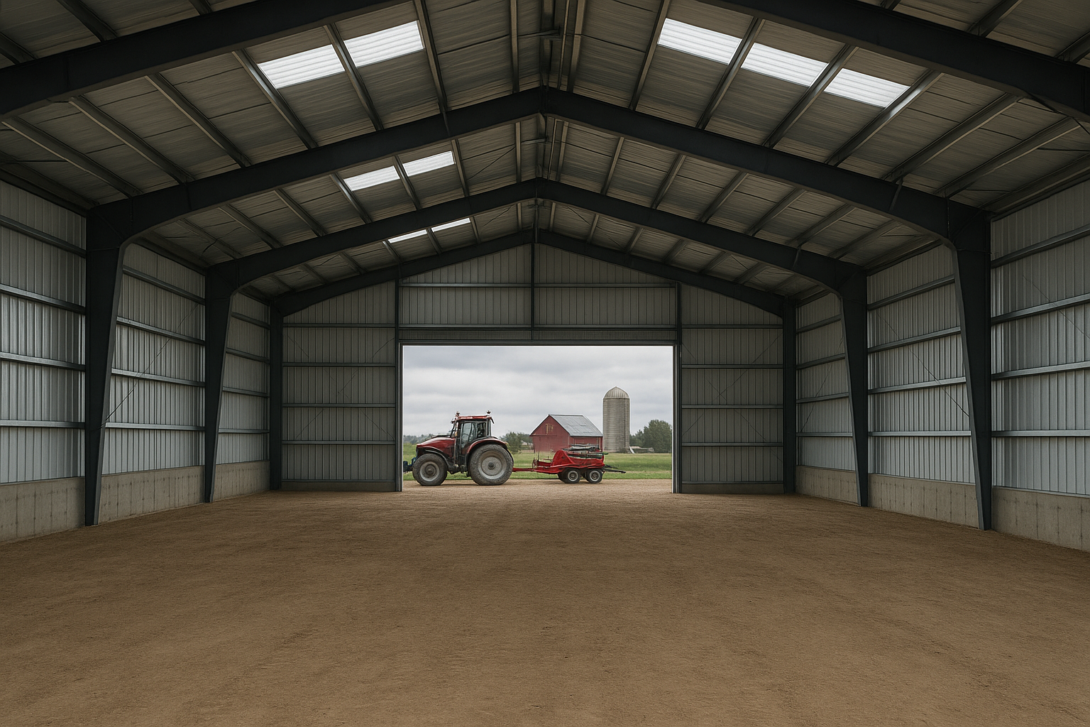 Interior of a clear-span steel barn showing open floor space with no interior columns