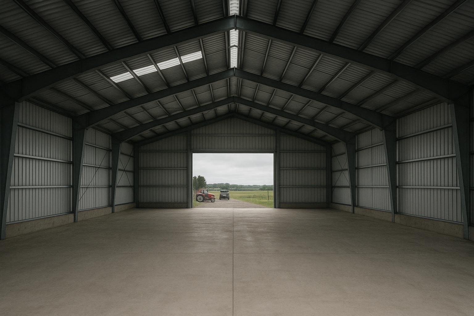 Interior of a clear-span steel barn showing open floor plan with no interior columns and natural light
