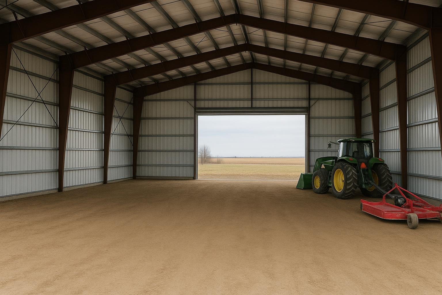 Clear-span steel agricultural building interior with open floor space Alberta