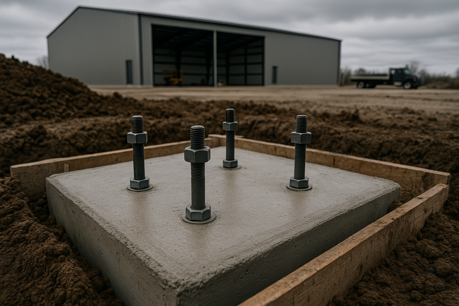 Concrete foundation with anchor bolts set for a commercial steel building column base