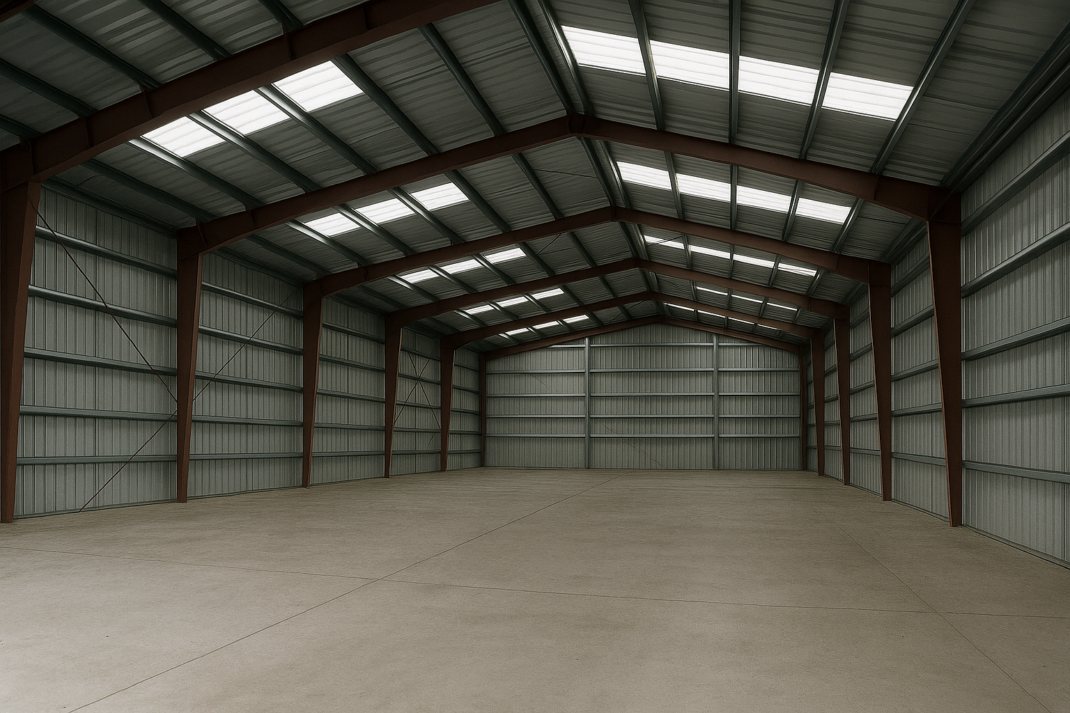 Column-free clear-span interior of a pre-engineered steel building with purlins and girts visible