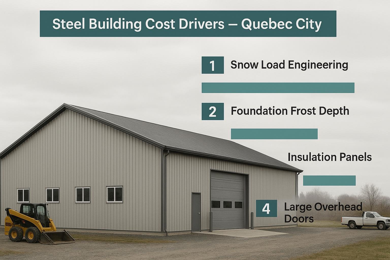 Cost drivers diagram for steel buildings in Quebec City ranked by impact