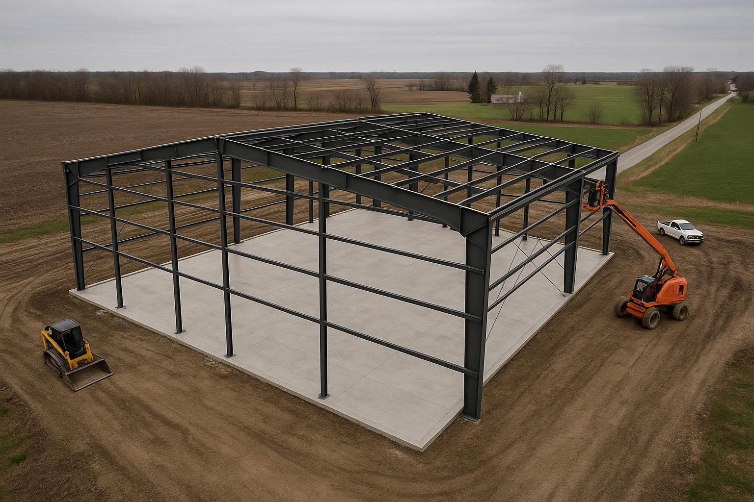 Steel building erection on concrete foundation in Essex County Ontario