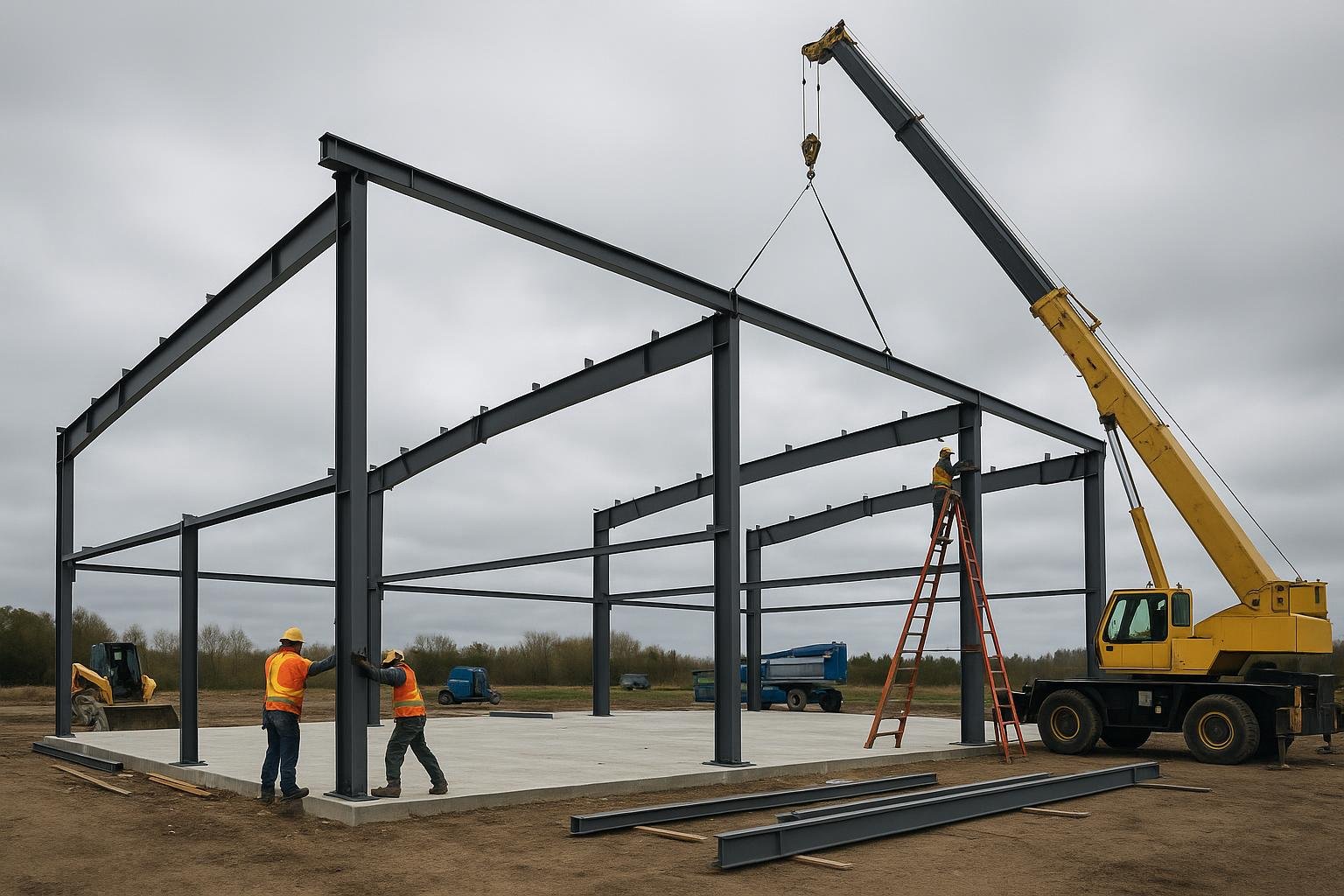 Steel building frame erection with crane lifting purlin at Ontario construction site