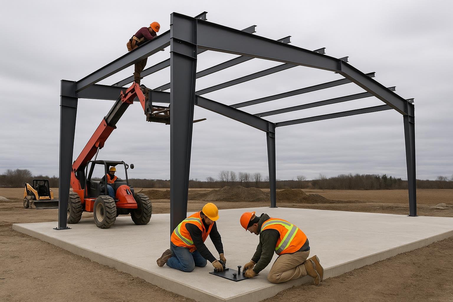 Steel building erection crew assembling rigid frames on Ontario foundation