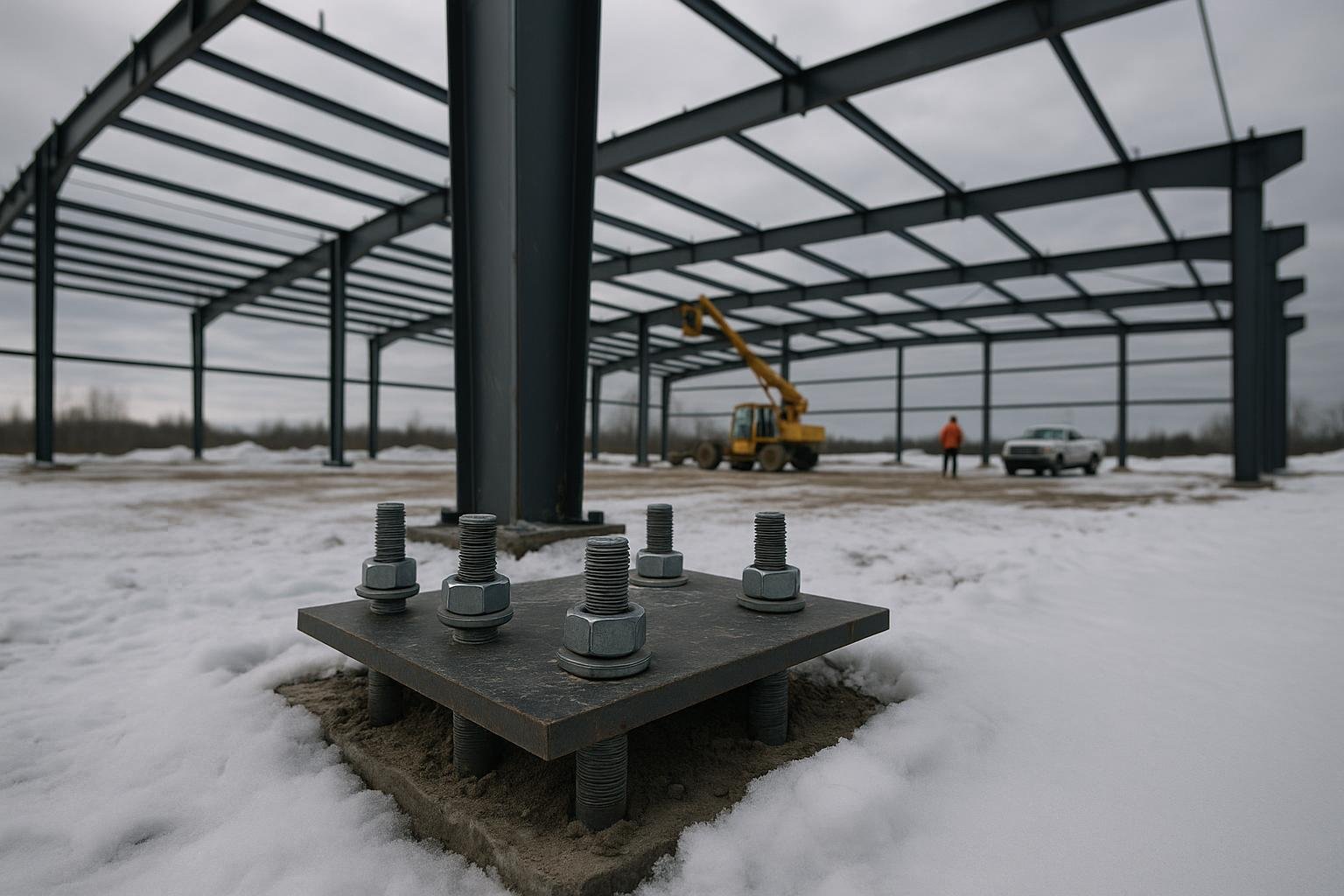 Steel building column base plates and anchor bolts set in concrete foundation footing