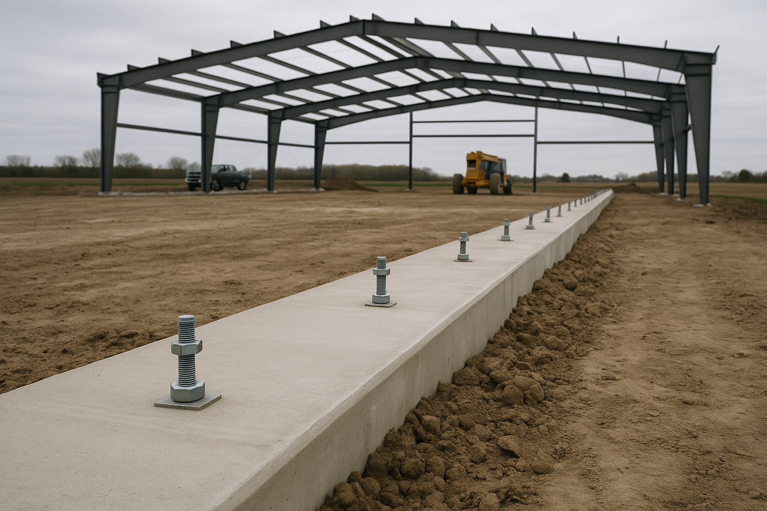Concrete foundation with anchor bolts installed ready for steel building frame erection