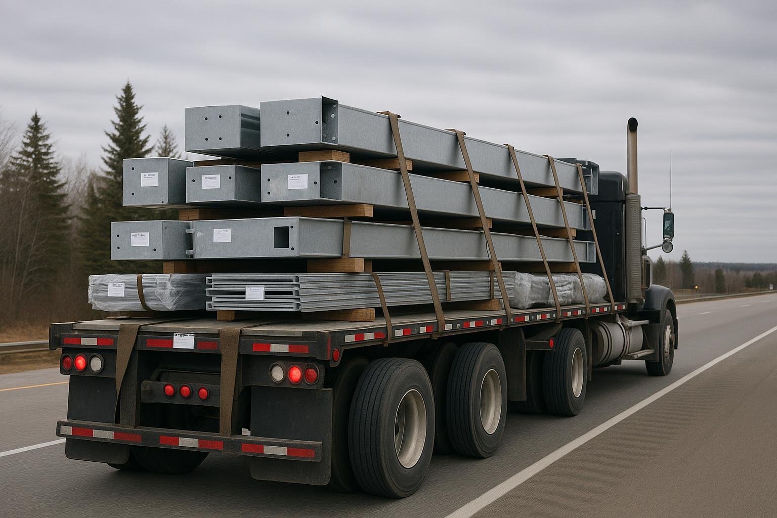 Flatbed truck carrying labelled steel building kit components on Canadian highway