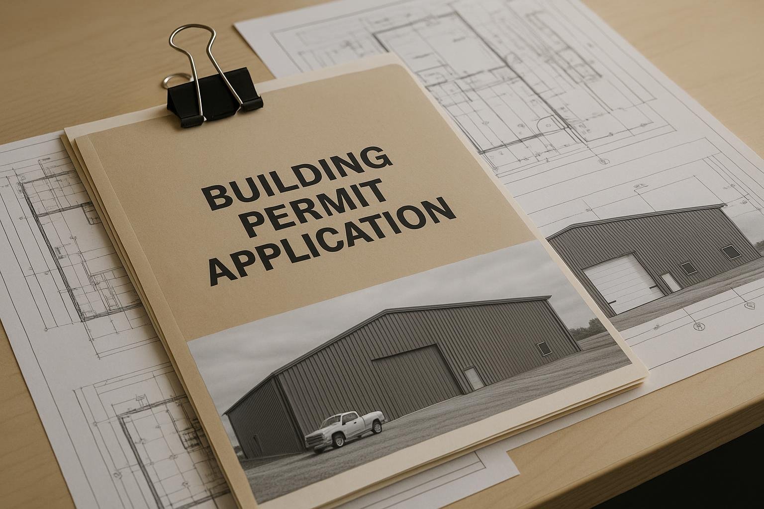 Steel building permit application with engineering drawings on a desk