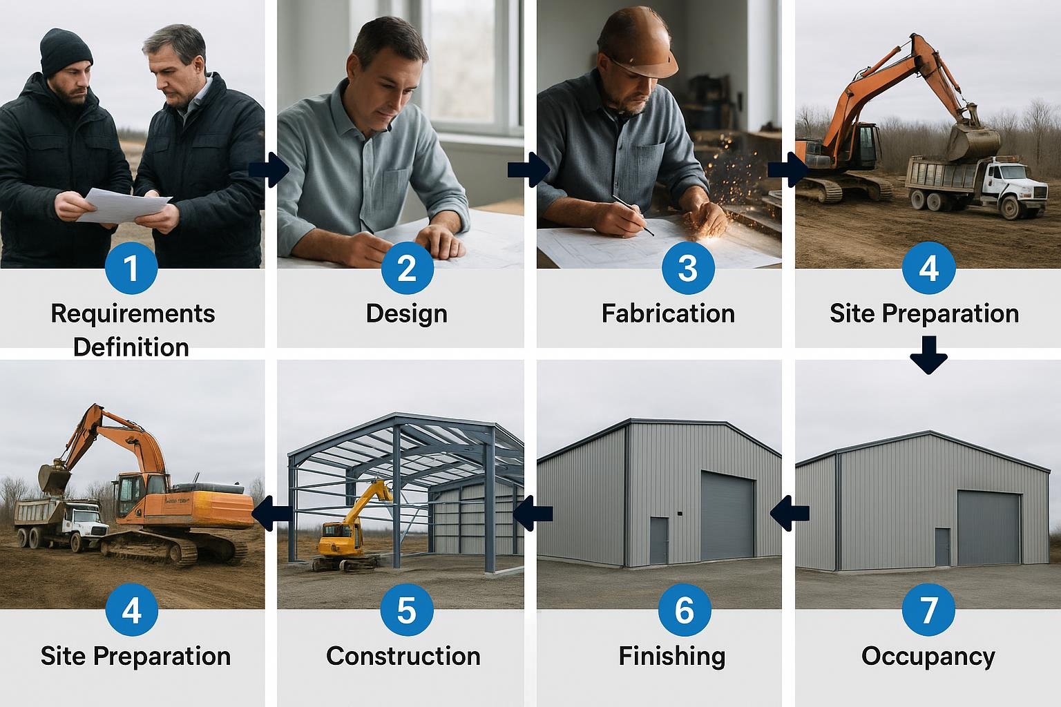 Seven-step process diagram for steel building projects in Quebec City