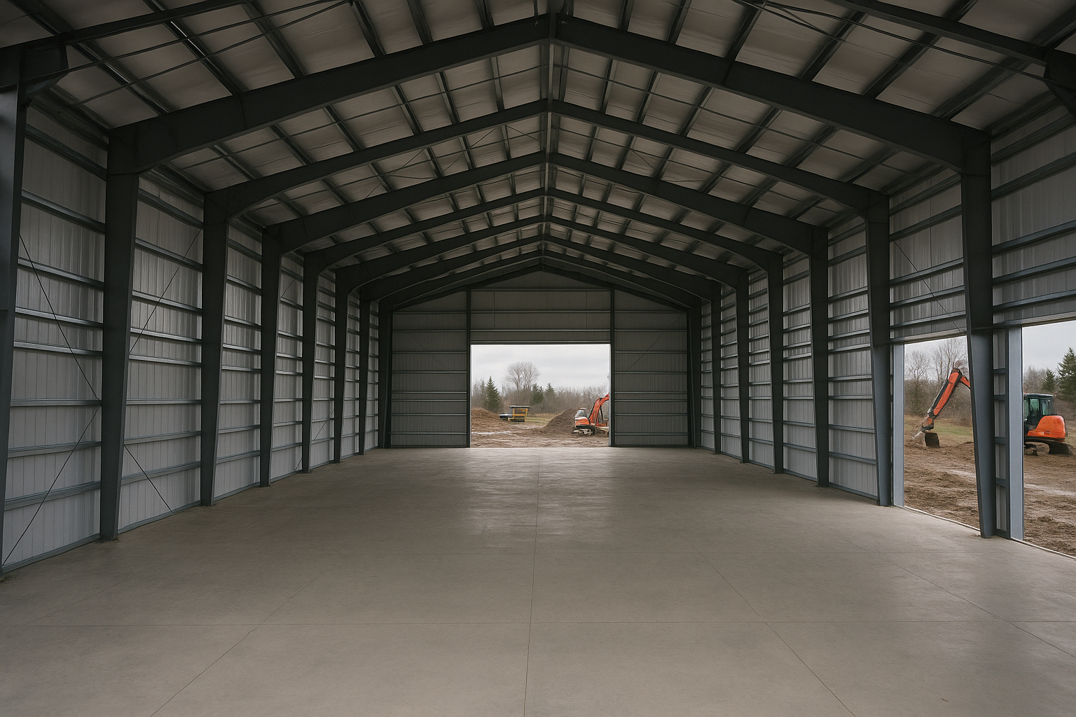 Interior view of a clear-span steel building showing rigid frame columns purlins and girts
