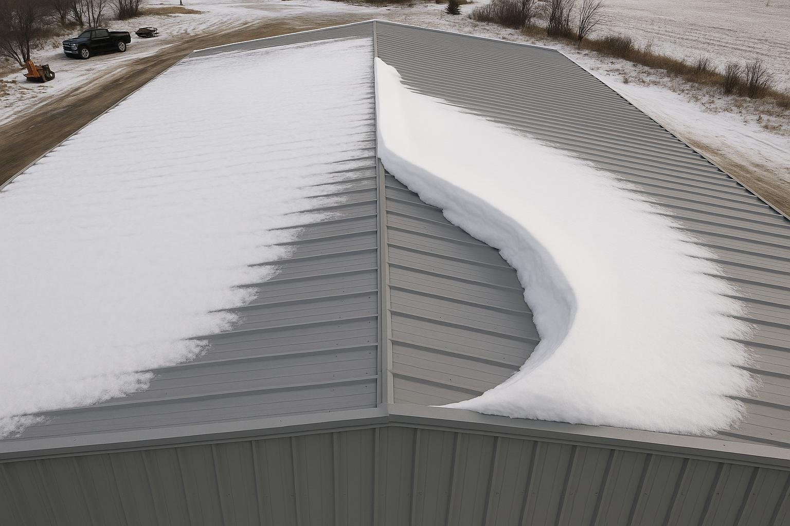 Steel building roof with snow drift accumulation against parapet wall in winter