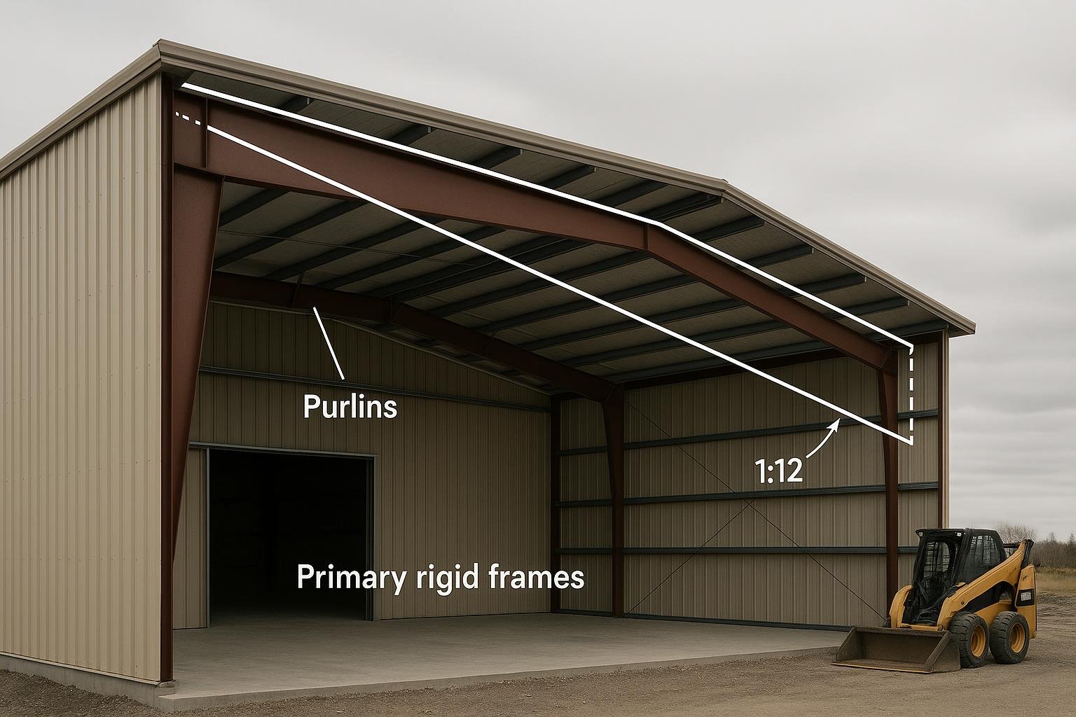 Steel building cross-section showing rigid frames purlins and roof slope for snow load