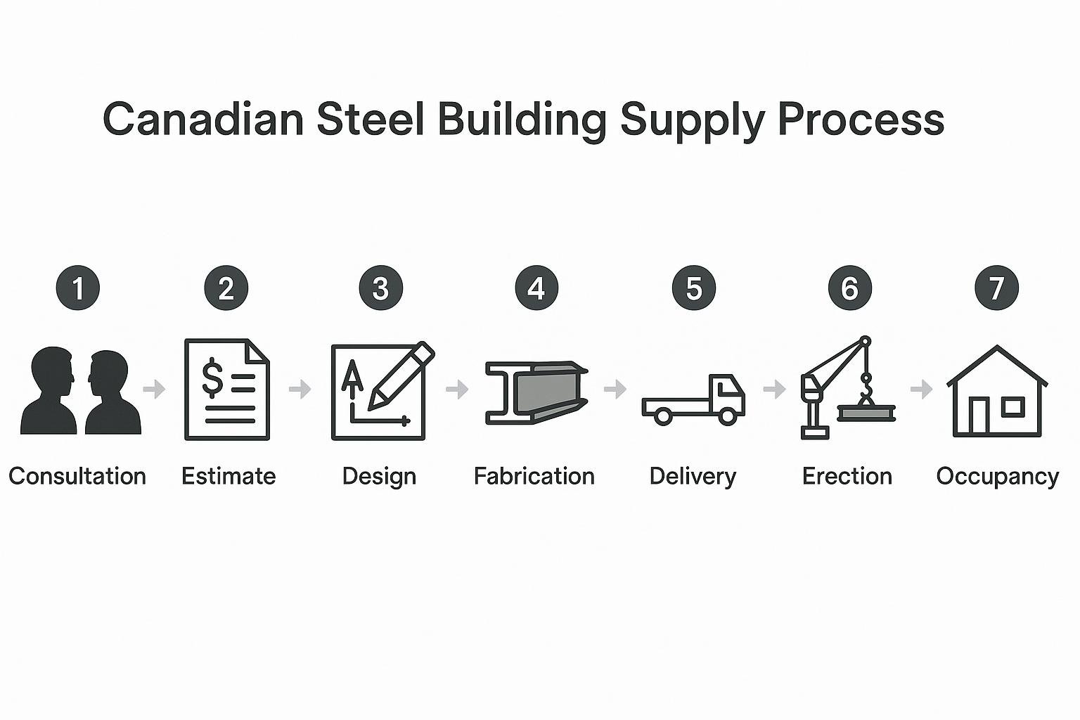 Seven-stage process diagram for steel building supply from design to occupancy