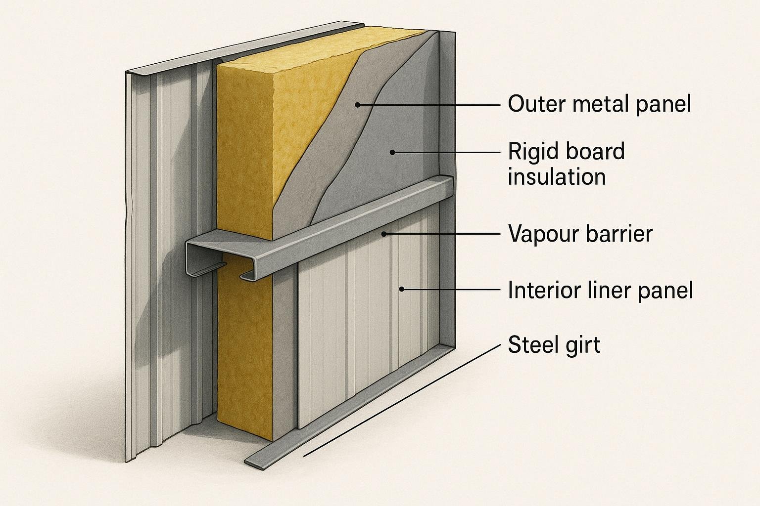 Cross-section of steel building wall assembly showing insulation layers and vapour barrier