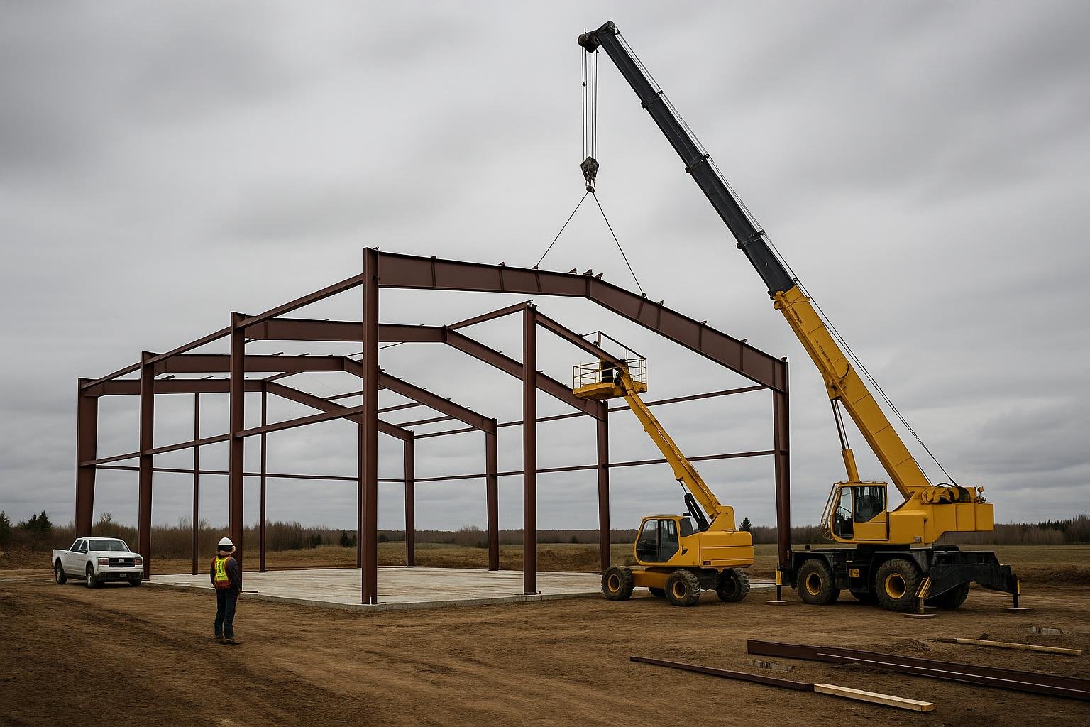 Crane lifting steel rigid frame section onto anchor bolts during building erection