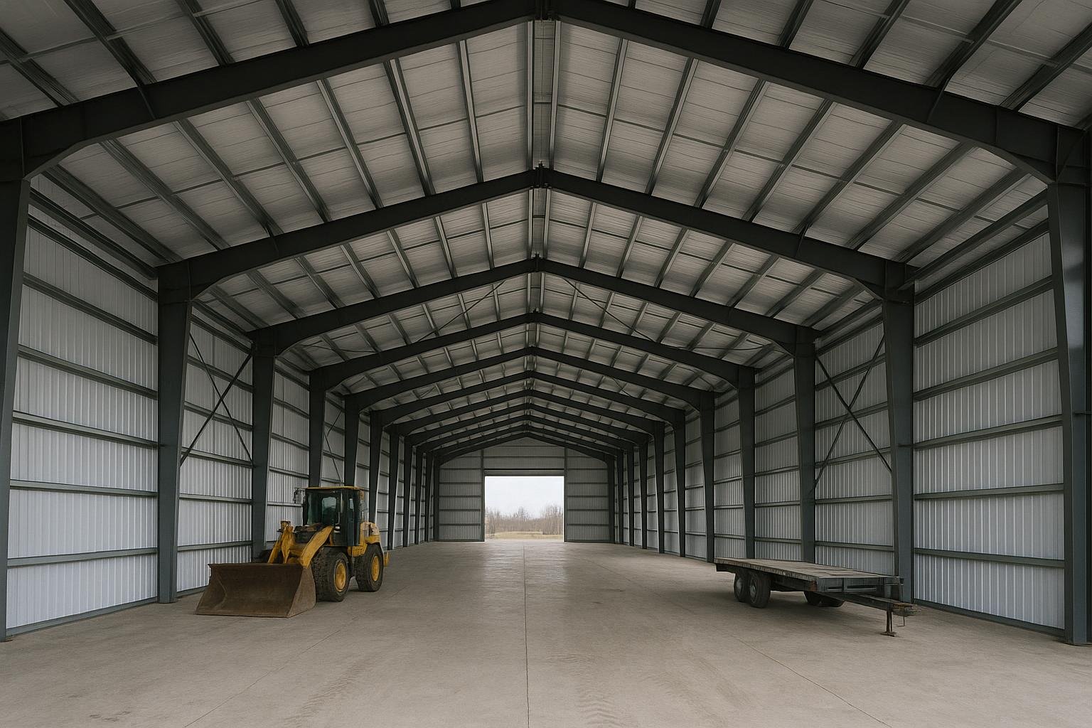 Multi-span steel frame warehouse interior with columns and valley gutter framing