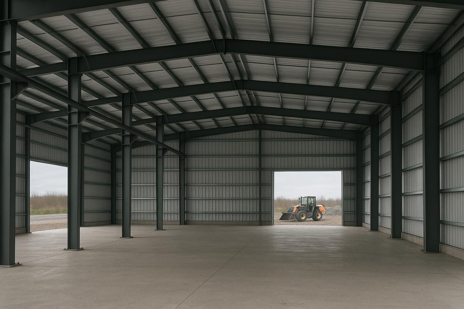 Interior of multi-span steel frame warehouse showing columns and purlins