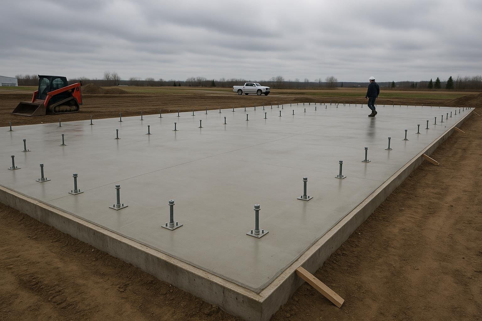 Concrete slab foundation with anchor bolts ready for steel garage erection