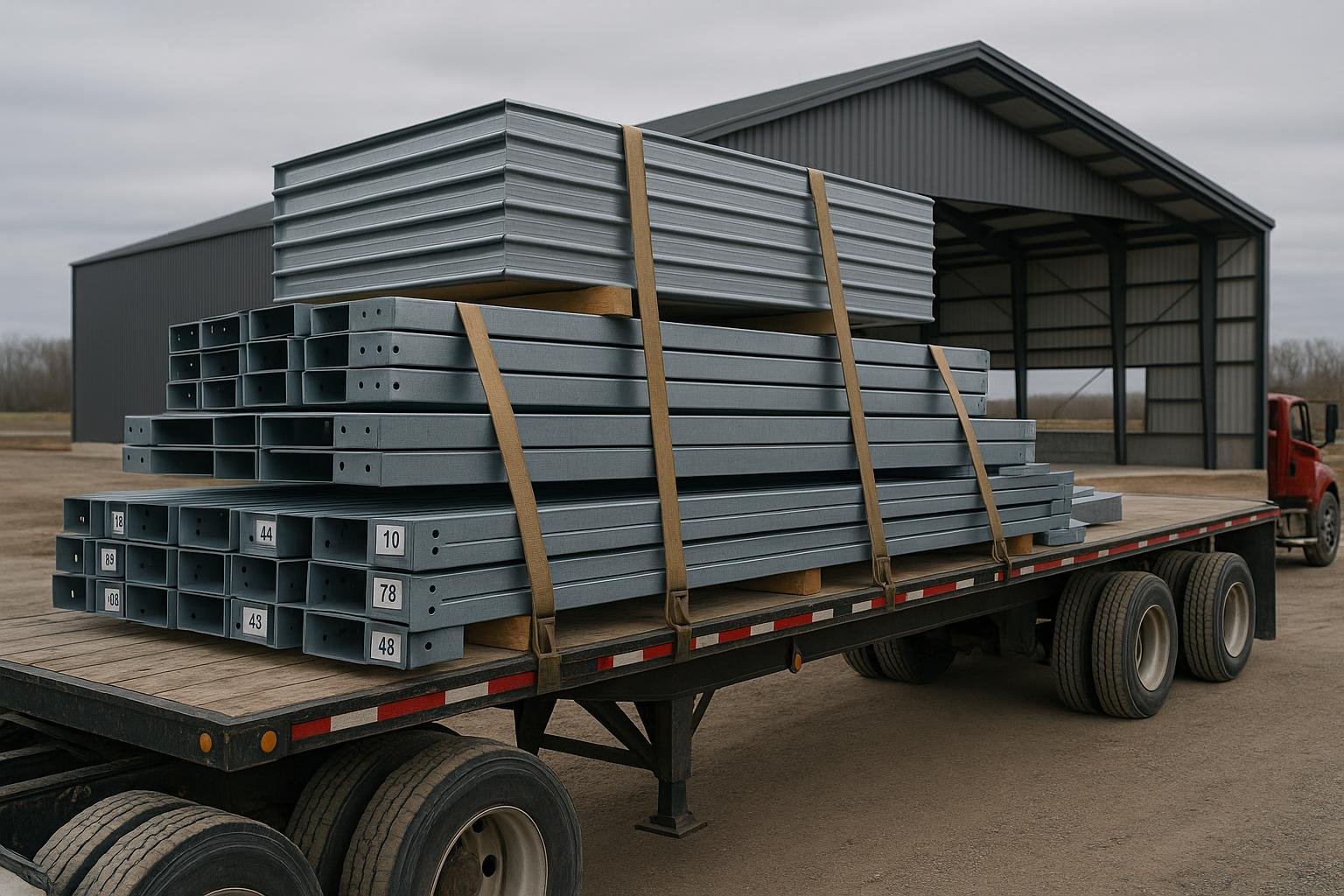 Labelled steel garage kit framing members and panels on delivery truck at site