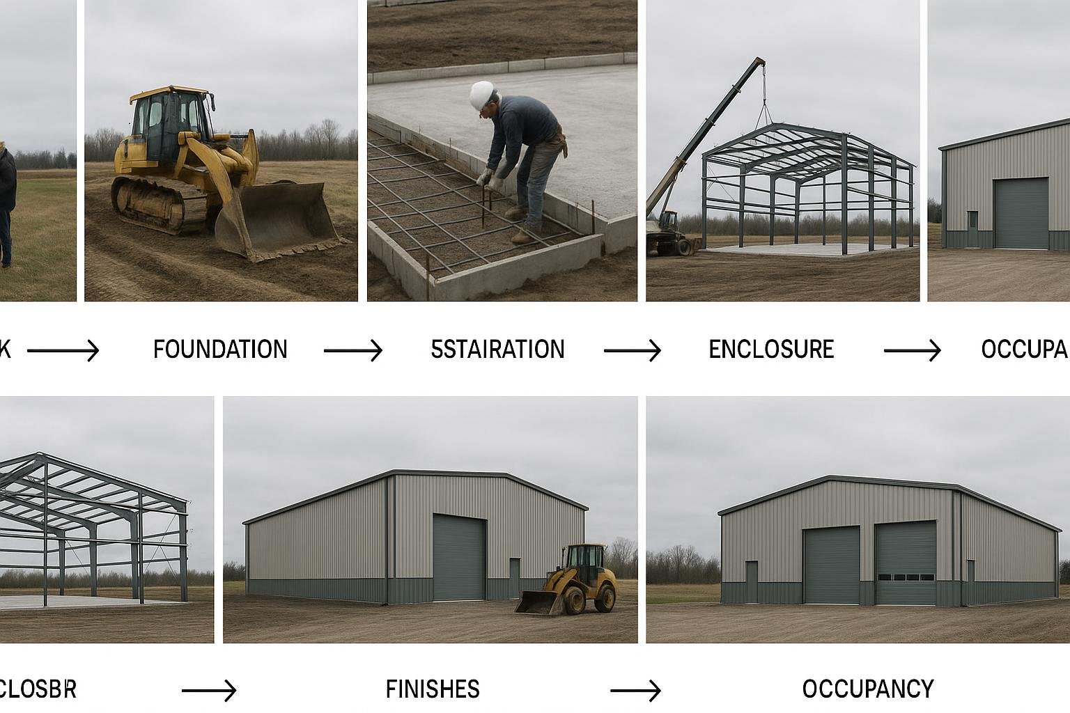 Seven-step process diagram for steel manufacturing plant construction in Canada