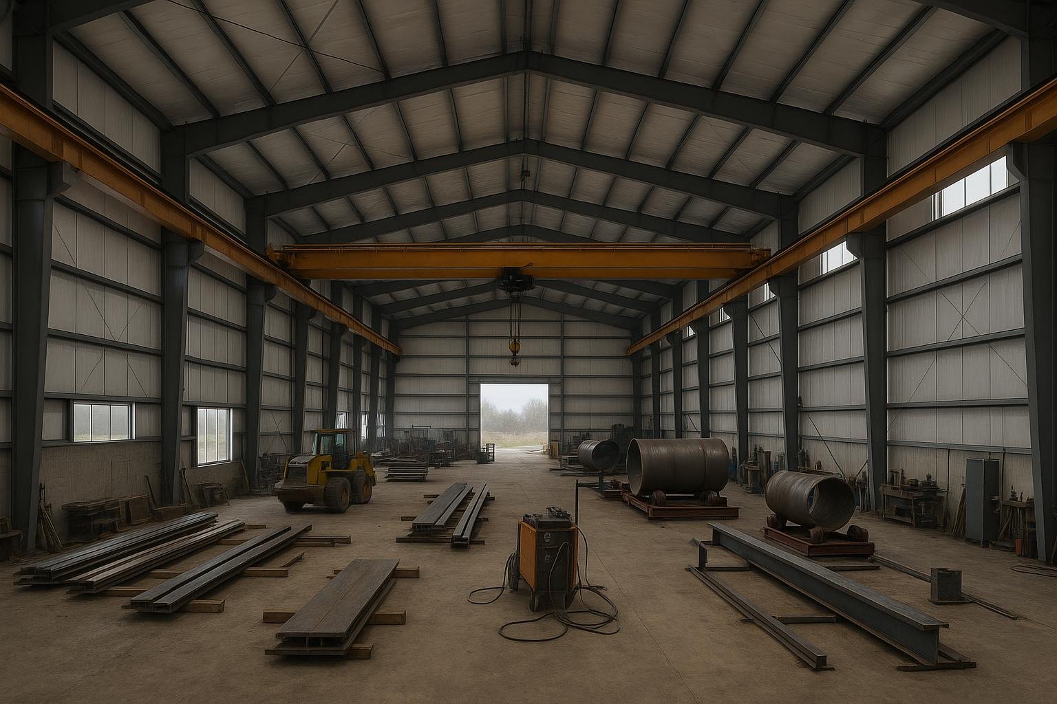 Interior clear-span steel manufacturing plant with overhead crane runway