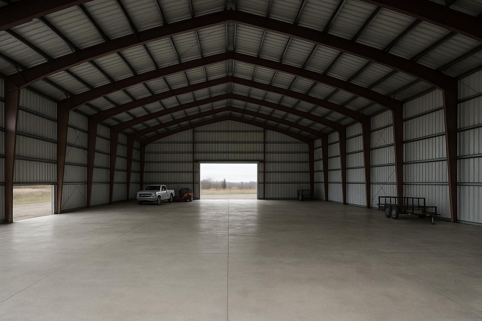 Clear-span interior of a steel warehouse with open unobstructed floor area