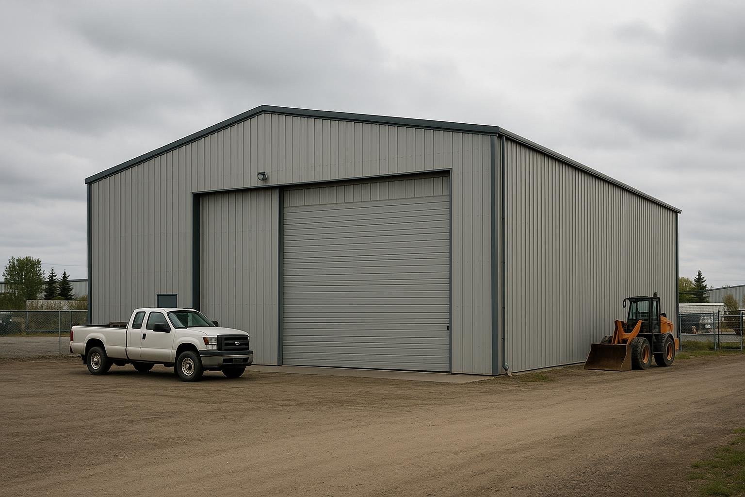 Steel industrial warehouse with large sliding door in Alberta industrial park