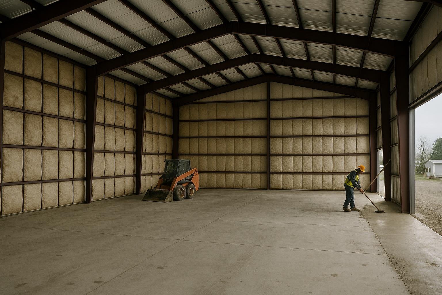 Fiberglass batt insulation installed between steel warehouse secondary framing members