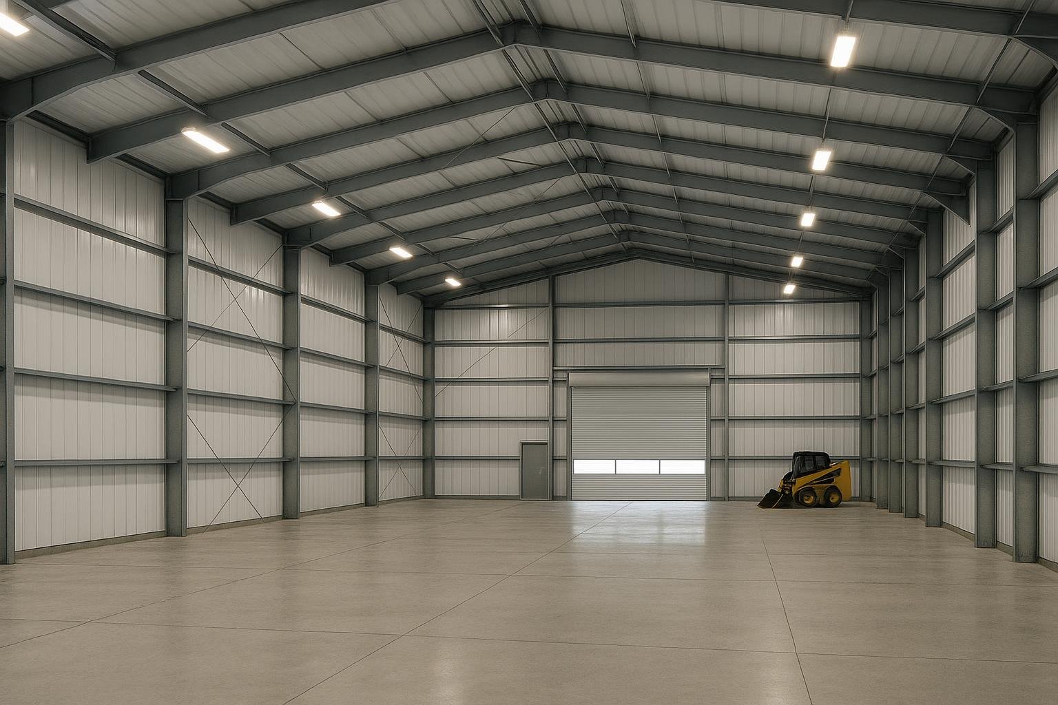 Finished interior of insulated steel warehouse with white liner panel ceiling and walls