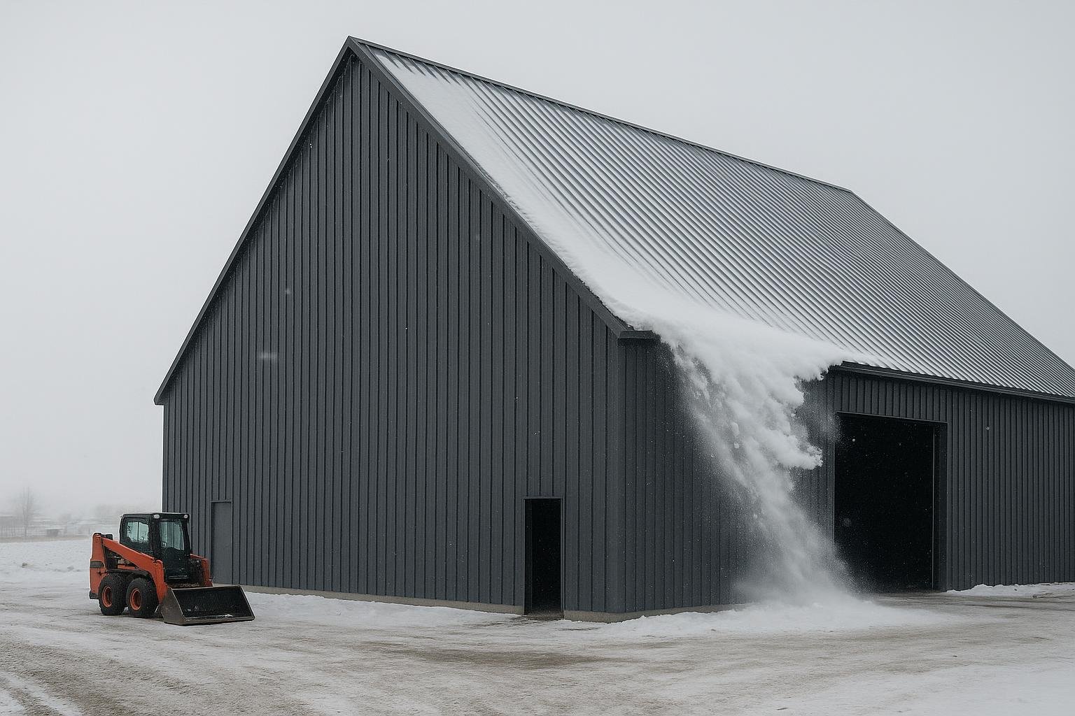 Steep-pitched steel agricultural building shedding snow from metal roof panels